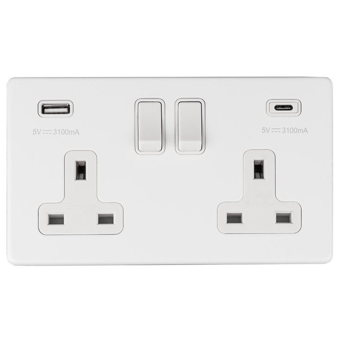 Eurolite Concealed 3mm 2 Gang 13Amp Switched Socket With Usb C White - Matt White