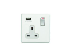 Eurolite Ecw1Usbw 1 Gang 13Amp Dp Switched Socket With 2.1 Amp Usb Outlet Flat Concealed White Plate White Rocker