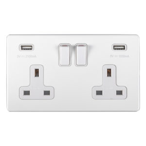 Eurolite Ecw2Usbw 2 Gang 13Amp Dp Switched Socket With Combined 3.1 Amp Usb Outlets Flat Concealed White Plate White Rockers