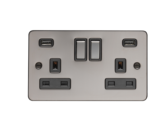 Eurolite Bn2Usbbnb 2 Gang 13Amp Switched Socket With Combined 3.1Amp Usb Outlets Round Edge Black Nickel Plate Matching Rockers Black Trim