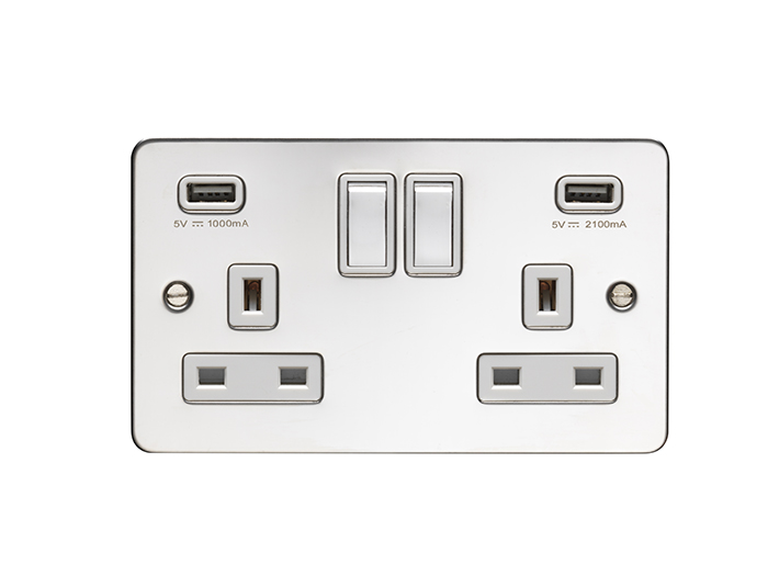 Eurolite Pss2Usbpsw 2 Gang 13Amp Sw Socket With Comb 3.1Ampusb Outlets Round Edge Polished Stainless Steel Plate Match Rockers White Trim