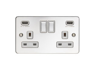Eurolite Efpss2Usbpsw 2 Gang 13Amp Socket With Comb3.1 Amp Usb Outlets Round Edge Enhance Flat Polished S/Steel Plate Match Rockers White Trim