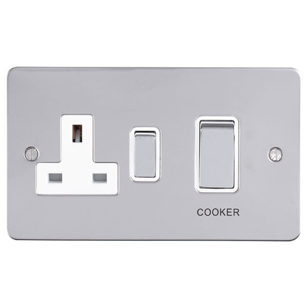 Eurolite Efpss45Aswaspsw 45Amp Dp Cooker Switch With 13Amp Socket Enhance Flat Polished Stainless Steel Plate Red Rockers White Trim