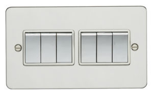 Eurolite Efpss6Swpsw 6 Gang 10Amp 2Way Switch Flat Polished Stainless Steel Plate Matching Rockers White Trim