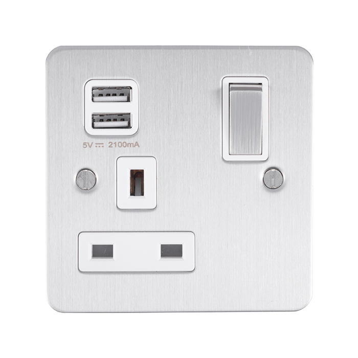 Eurolite Sss1Usbssw 1 Gang 13Amp Switched Socket With 2.1Amp Usb Outlet Round Edge Satin Stainless Steel Plate Matching Rocker White Trim