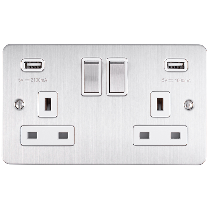 Eurolite Efsss2Usbssw 2 Gang 13Amp Socket With Comb3.1 Amp Usb Outlets Round Edge Enhance Flat Satin S/Steel Plate Match Rockers White Trim