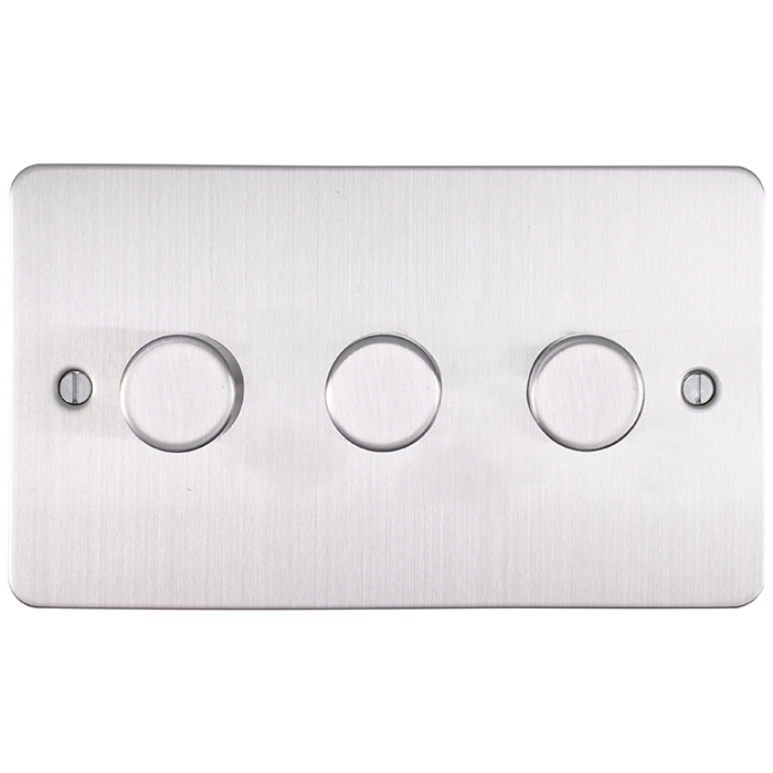 Eurolite Efsss3Dled 3 Gang Led Push On Off 2Way Dimmer Switch Enhance Flat Satin Stainless Steel Plate Matching Knobs