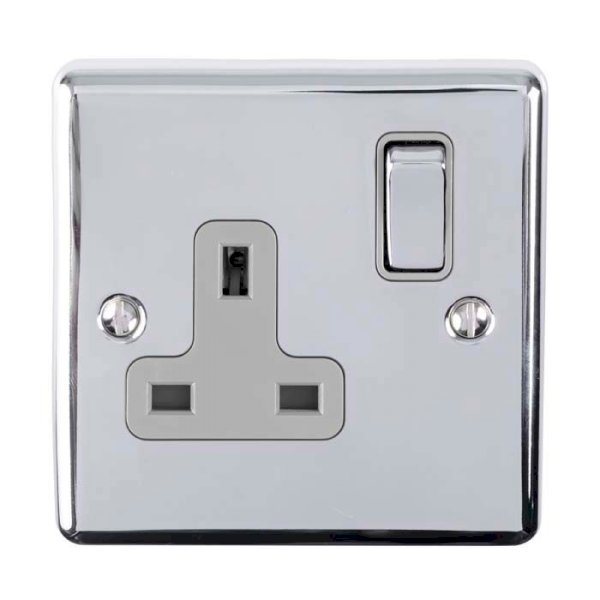 Eurolite En1Sopcg 1 Gang 13Amp Dp Switched Socket Polished Chrome Enhance Range Grey Trim