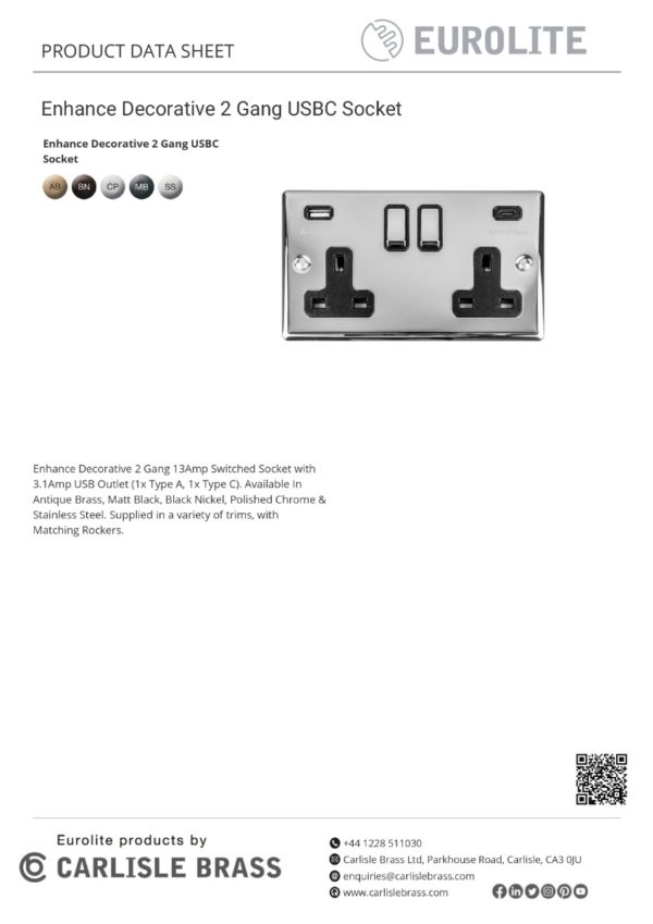 Eurolite Enhance Decorative 2 Gang 13Amp Switched Socket With Usb C Black Nickel - Black Nickel