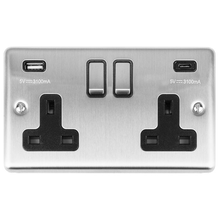 Eurolite Enhance Decorative 2 Gang 13Amp Switched Socket With Usb C Stainless Steel - Satin Stainless