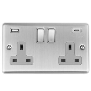 Eurolite Enhance Decorative 2 Gang 13Amp Switched Socket With Usb C Stainless Steel - Satin Stainless