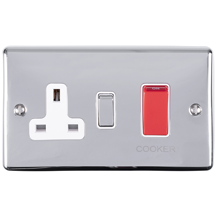 Eurolite En45Aswaspcw 45Amp Dp Switch With 13Amp Socket Polished Chrome Enhance Range White Trim