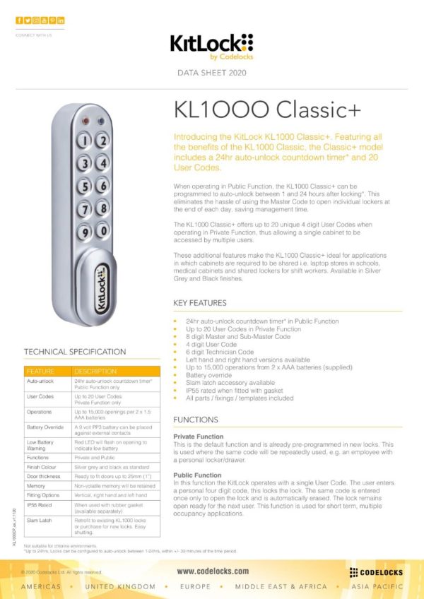 CODELOCKS KL1000 Plus Lock Silver Grey c/w Plastic Slam Latch