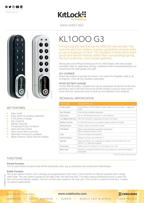 CODELOCKS KL1000 G3 Electronic Kitlock Cabinet Lock Silver Left Hand