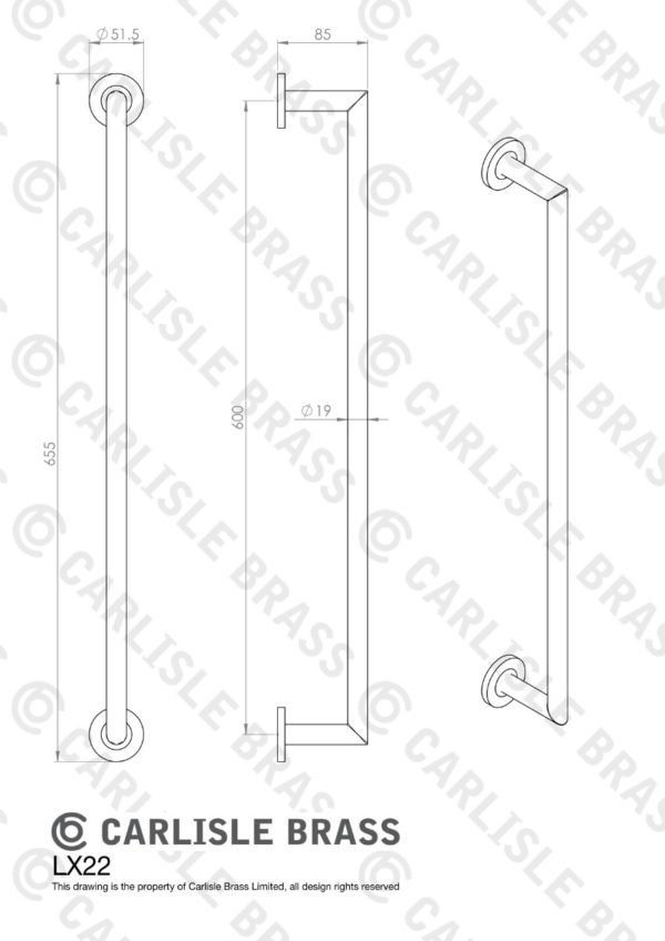De'Leau LX22MB Stainless Steel Single Mitred Towel Rail (600Mm C/C) Matt Black
