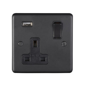 Eurolite Mb1Usbb 1 Gang 13Amp Switched Socket With 2.1 Amp Usb Outlet Round Edge Matt Black Plate Black Rocker