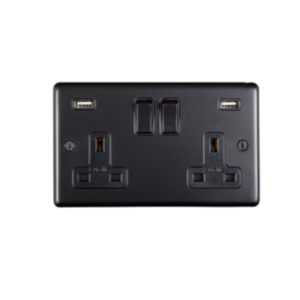 Eurolite Mb2Usbbnb 2 Gang 13Amp Switched Socket With Combined 3.1 Amp Usb Outlets Round Edge Matt Black Plate Black Nickel Rockers