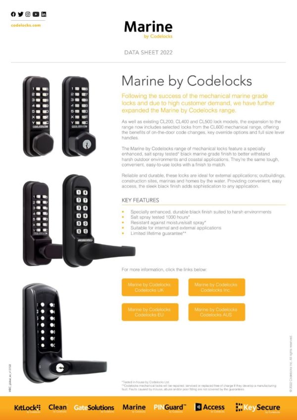 CODELOCKS Mechanical Digital Locks Marine 200 series Mortice Latch Back to Back Black Marine Grade