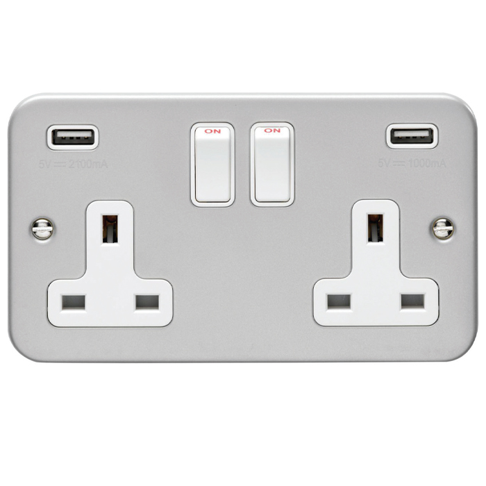 Eurolite Mc2Usbw 2 Gang 13Amp Switched Socket With Combined 3.1 Amp Usb Outlets Metal Clad