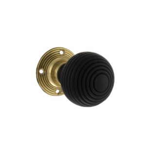 Old English Whitby Ebony Wood Reeded Mortice Knob on 60mm Face Fix Rose - Polished Brass OE60RREMKPB