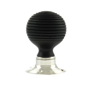 Old English Whitby Ebony Wood Reeded Mortice Knob on 60mm Face Fix Rose - Polished Nickel OE60RREMKPN