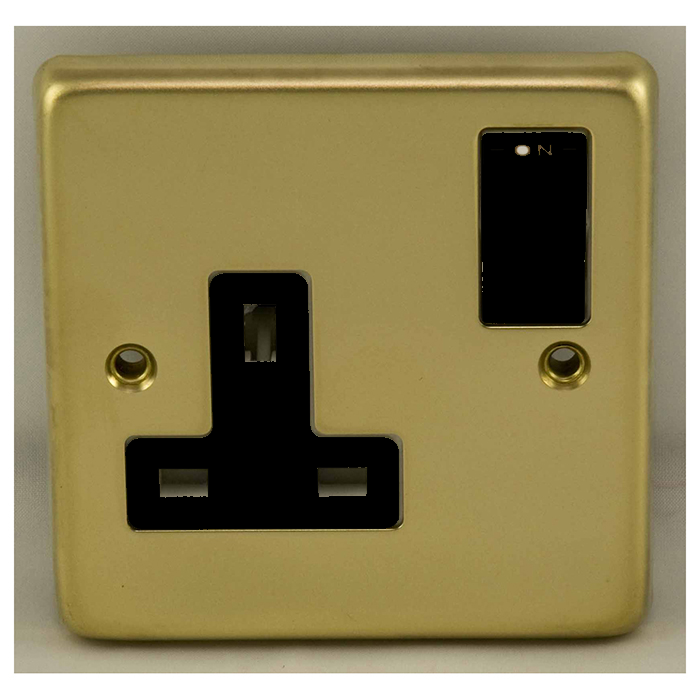 Eurolite Pb1Sopbb 1 Gang 13Amp Dp Switched Socket Round Edge Polished Brass Plate Matching Rocker Black Trim