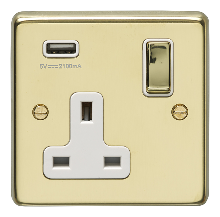 Eurolite Pb1Usbpbw 1 Gang 13Amp Switched Socket With 2.1 Amp Usb Outlet Round Edge Polished Brass Plate Matching Rocker White Trim