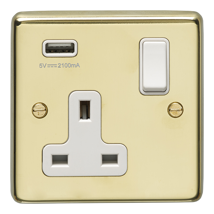 Eurolite Pb1Usbw 1 Gang 13Amp Switched Socket With 2.1 Amp Usb Outlet Round Edge Polished Brass Plate White Rocker