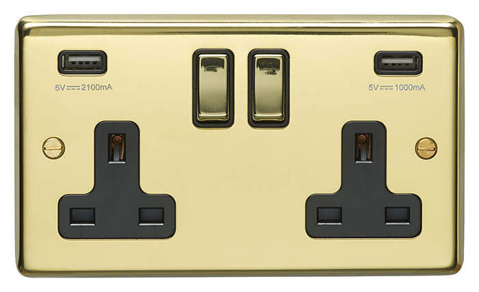 Eurolite Pb2Usbpbb 2Gang13Amp Switched Socket With Combined 4.8 Ampusb Outlets Round Edge Polished Brass Plate Matching Rockers Black Trim