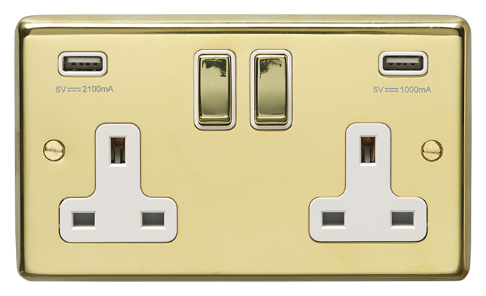 Eurolite Pb2Usbpbw 2Gang13Amp Switched Socket With Combined3.1Ampusb Outlets Round Edge Polished Brass Plate Matching Rockers White Trim