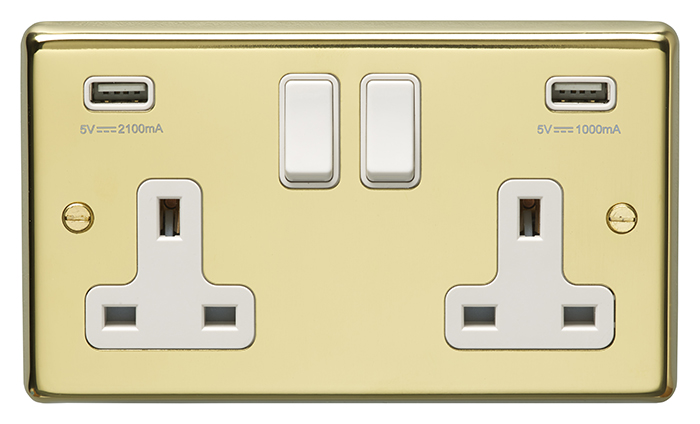 Eurolite Pb2Usbw 2 Gang 13Amp Switched Socket With Combined 3.1 Amp Usb Outlets Round Edge Polished Brass Plate White Rockers