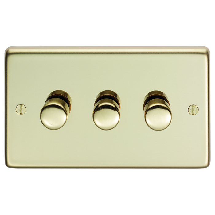 Eurolite Pb3D400 3 Gang 400W Push On Off 2Way Dimmer Round Edge Polished Brass Plate Matching Knobs