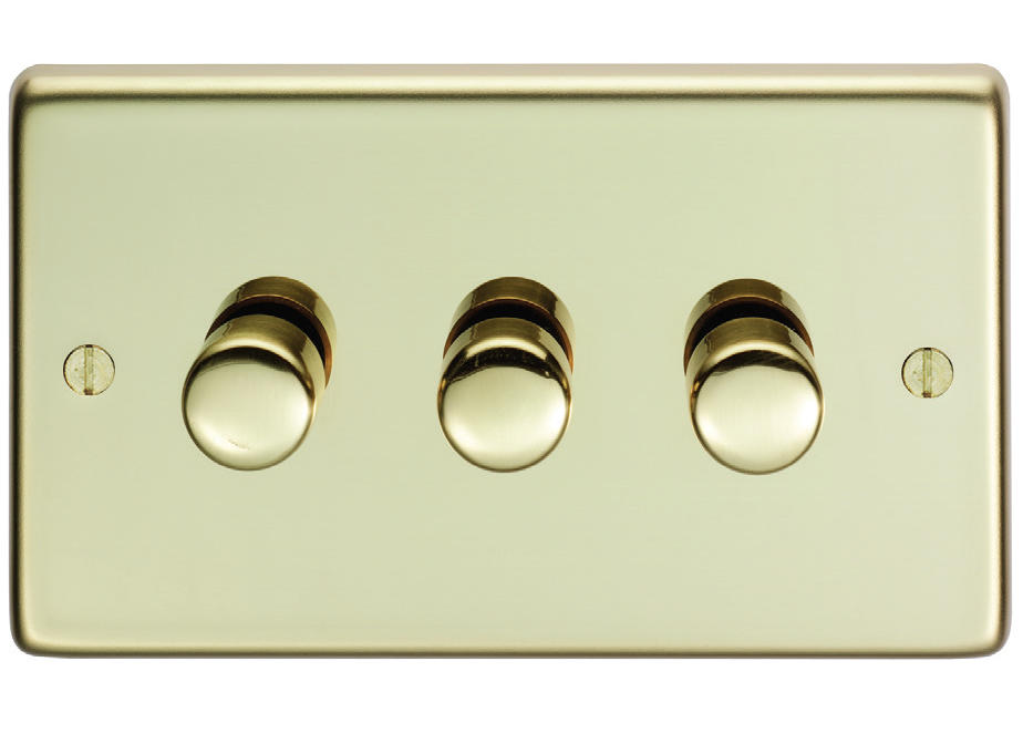 Eurolite Pb3Dled 3 Gang Led Push On Off 2Way Dimmer Round Edge Polished Brass Plate Matching Knobs