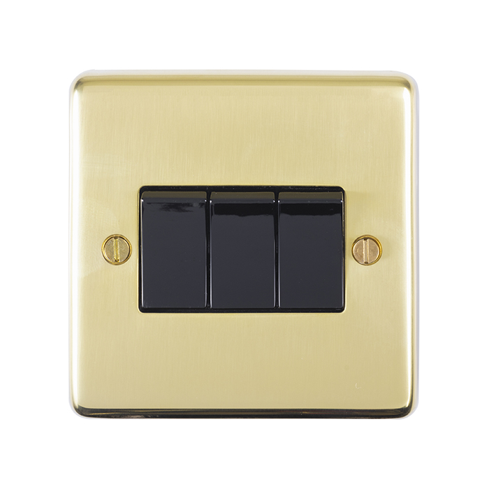 Eurolite Pb3Swb 3 Gang 10Amp 2Way Switch Round Edge Polished Brass Plate Black Rockers