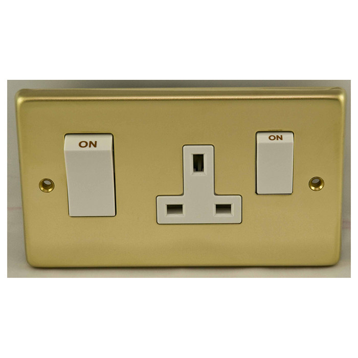 Eurolite Pb45Aswasw 45Amp Dp Cooker Switch With 13Amp Socket Round Edge Polished Brass Plate White Rockers