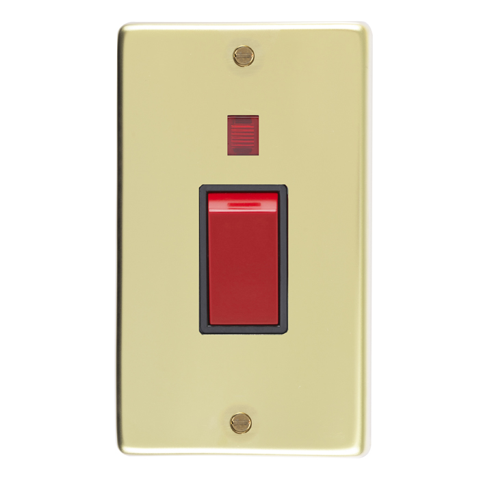 Eurolite Pb45Aswnb 45Amp Dp Cooker Switch With Neon Double Round Edge Polished Brass Plate Red Rocker Black Trim
