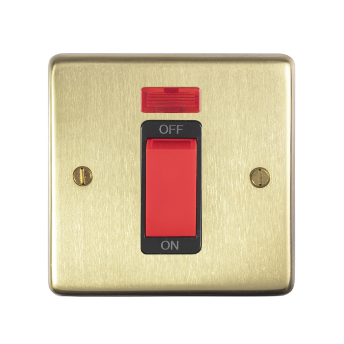 Eurolite Pb45Aswnsb 45Amp Dp Cooker Switch With Neon Single Round Edge Polished Brass Plate Red Rocker Black Trim
