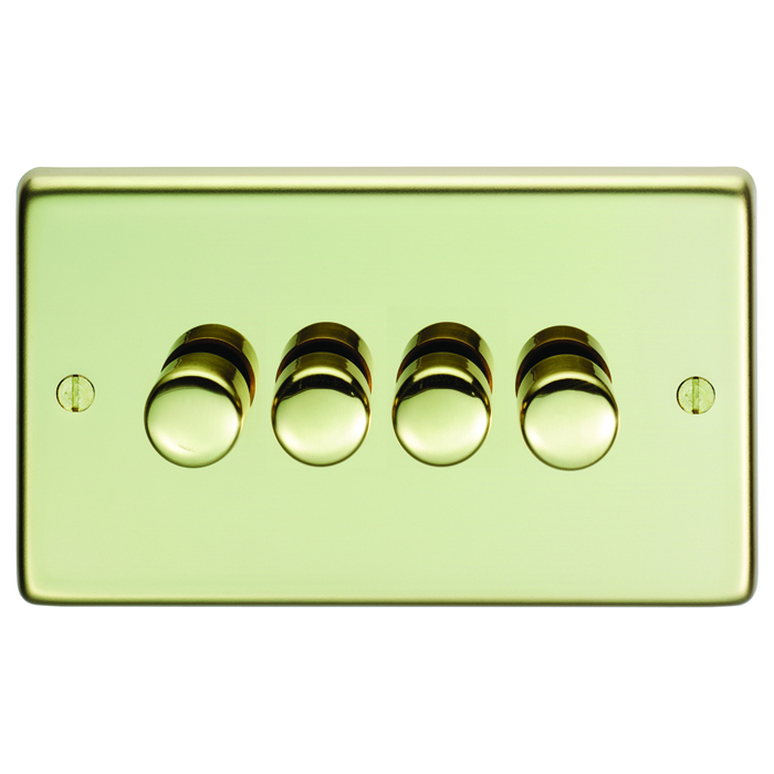 Eurolite Pb4D400 4 Gang 400W Push On Off 2Way Dimmer Round Edge Polished Brass Plate Matching Knobs