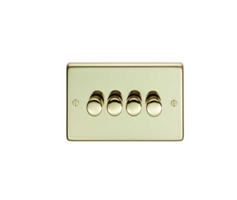 Eurolite Pb4Dled 4 Gang Led Push On Off 2Way Dimmer Round Edge Polished Brass Plate Matching Knobs