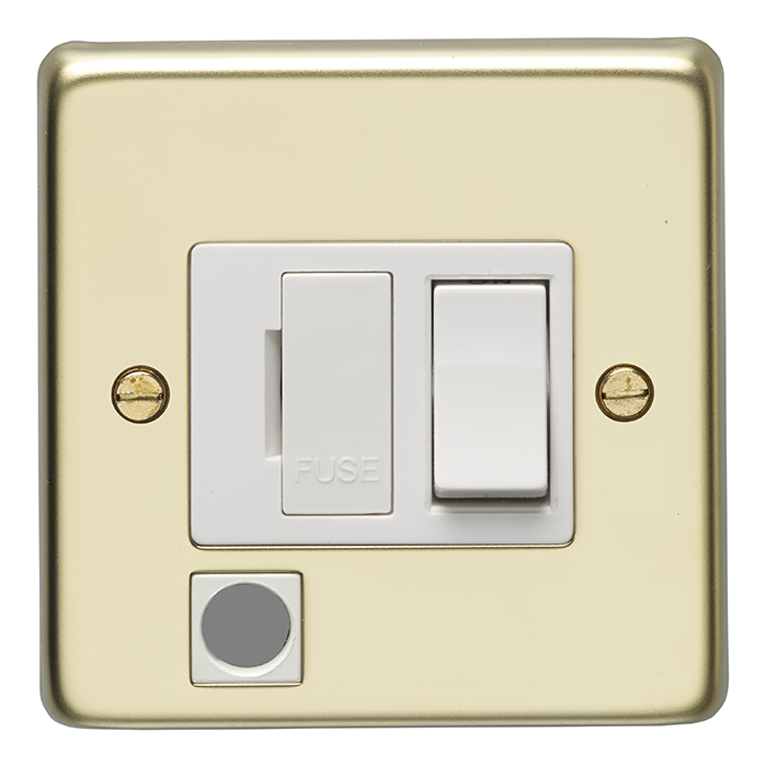Eurolite Pbswffow 13Amp Dp Switched Fuse Spur & Flex Outlet Round Edge Polished Brass Plate White Rocker