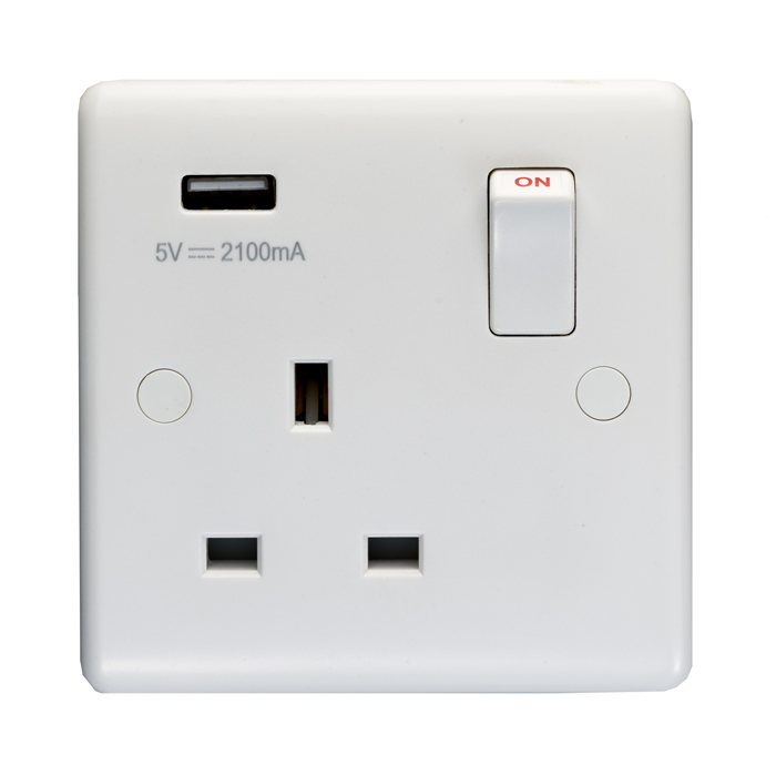 Eurolite Pl4610 Enhance White Plastic 13A 1 Gang Switched Socket With Usb Charger (5V Dc 2.1A)
