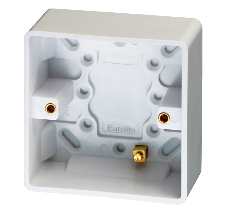 Eurolite Pl8014 Enhance White Plastic 47Mm Deep Single Pattress Box With 1 Cable Clamp Position And Brass Earth Terminal