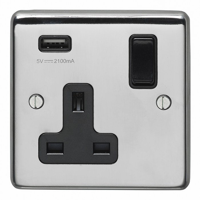 Eurolite Pss1Usbb 1 Gang 13Amp Switched Socket With 2.1 Usb Outlet Round Edge Polished Stainless Steel Plate Black Rocker
