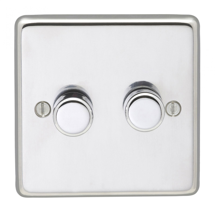 Eurolite Pss2D400 2 Gang 400W Push On Off 2Way Dimmer Round Edge Polished Stainless Steel Plate Matching Knobs