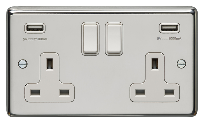 Eurolite Pss2Usbw 2 Gang 13Amp Switched Socket With Combined 4.8 Ampusb Outlets Round Edge Polished Stainless Steel Plate White Rockers