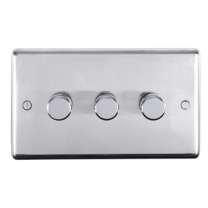 Eurolite Pss3D400 3 Gang 400W Push On Off 2Way Dimmer Round Edge Polished Stainless Steel Plate Matching Knobs