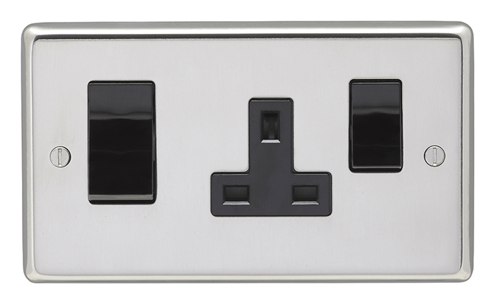 Eurolite Pss45Aswasb 45Amp Dp Cooker Switch With 13Amp Socket Round Edge Polished Stainless Steel Plate Black Rockers