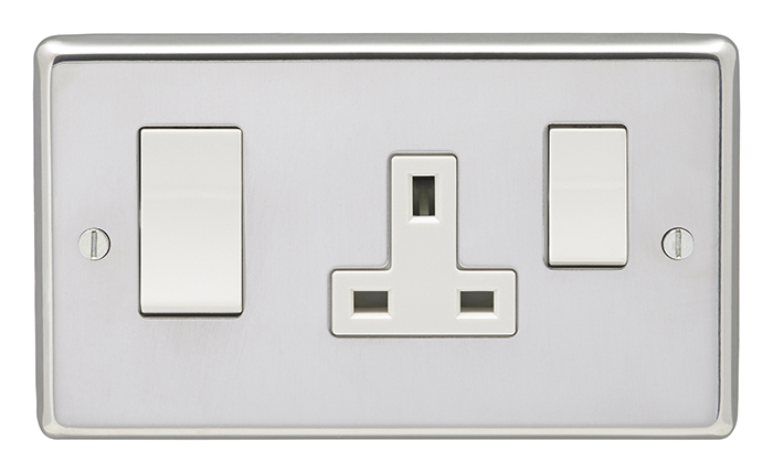 Eurolite Pss45Aswasw 45Amp Dp Cooker Switch With 13Amp Socket Round Edge Polished Stainless Steel Plate White Rockers