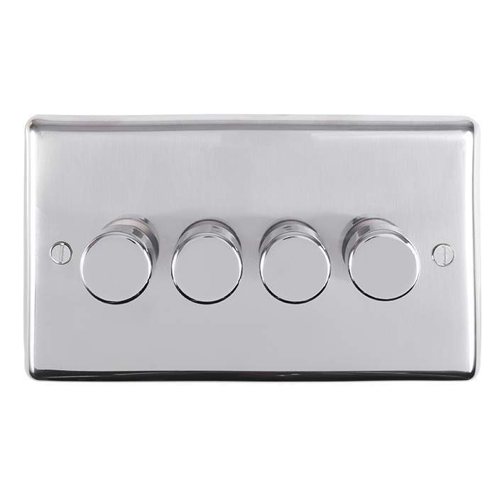 Eurolite Pss4D400 4 Gang 400W Push On Off 2Way Dimmer Round Edge Polished Stainless Steel Plate Matching Knobs