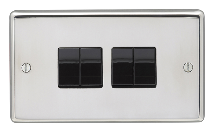 Eurolite Pss4Swb 4 Gang 10Amp 2Way Switch Round Edge Polished Stainless Steel Plate Black Rockers